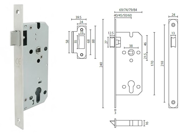 ML108502 passage mortise lock latch for latched doors,85mm center,40/45/50/60mm backset - Door Lock - 1