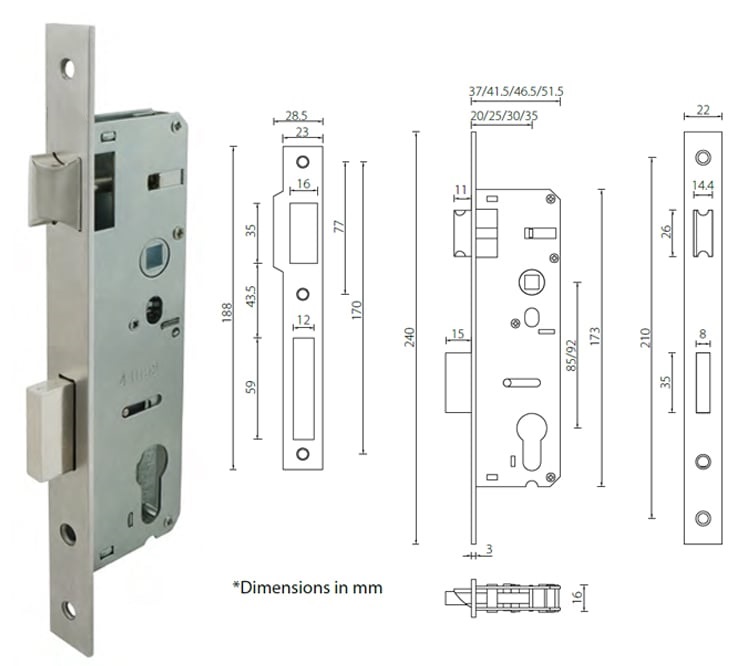 ML30 narrow mortice lock, sashlock for entry,85/92mm center - Door Lock - 1