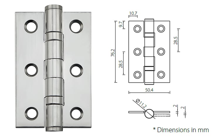 Stainless steel 3 - x 2 - x2mm ball bearing mortice door hinge - Door Hinge - 1